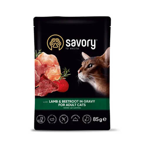 Savory Adult Cat Pouch with Lamb and beetroot in Gravy